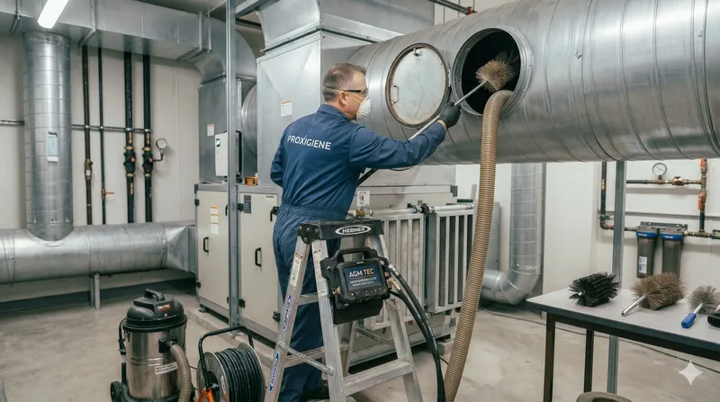 Technicien nettoyage conduit VMC avec équipement professionnel